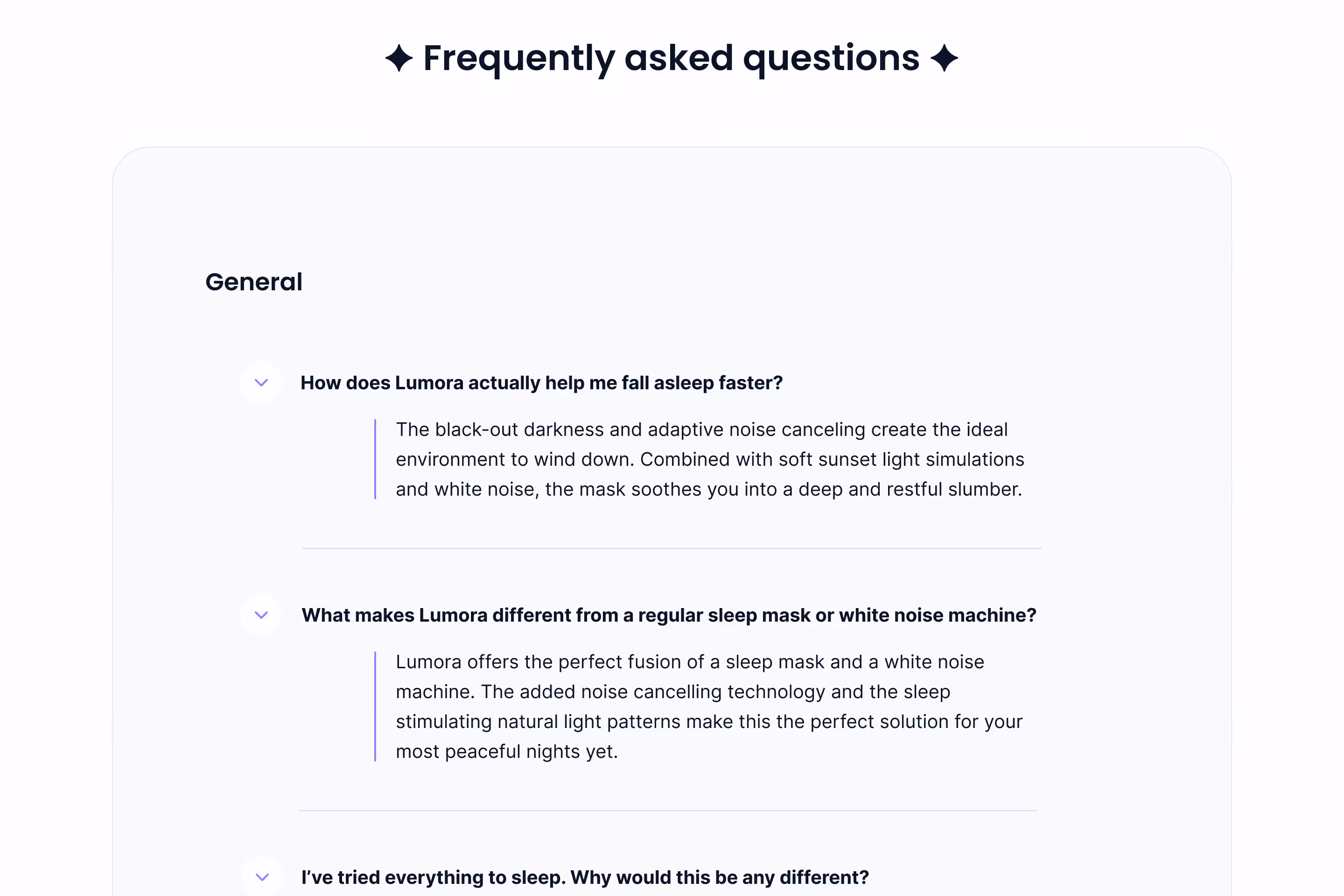 Frequently asked questions section with expandable accordion items covering topics like how Lumora helps fall asleep faster, what makes it different from regular sleep masks, material composition and hypoallergenic properties, organized under a General category