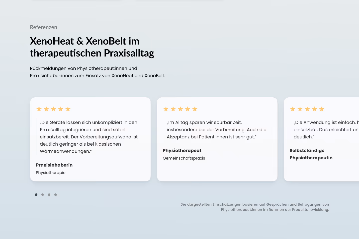Testimonials section of the XenoPatch website — five-star reviews from physiotherapists and practice owners praising ease of use and time savings in daily clinical practice