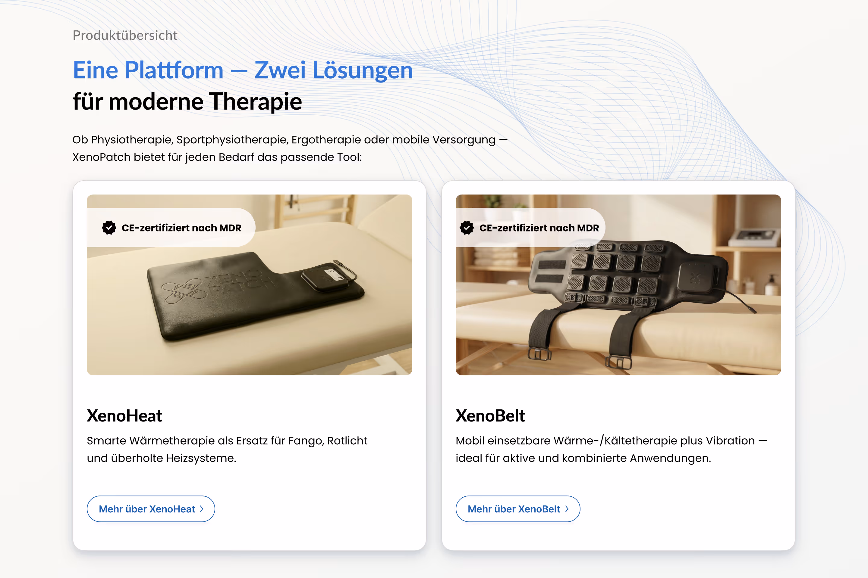 Products Overview section of the XenoPatch website — XenoHeat and XenoBelt physiotherapy devices displayed as CE-certified product cards with descriptions