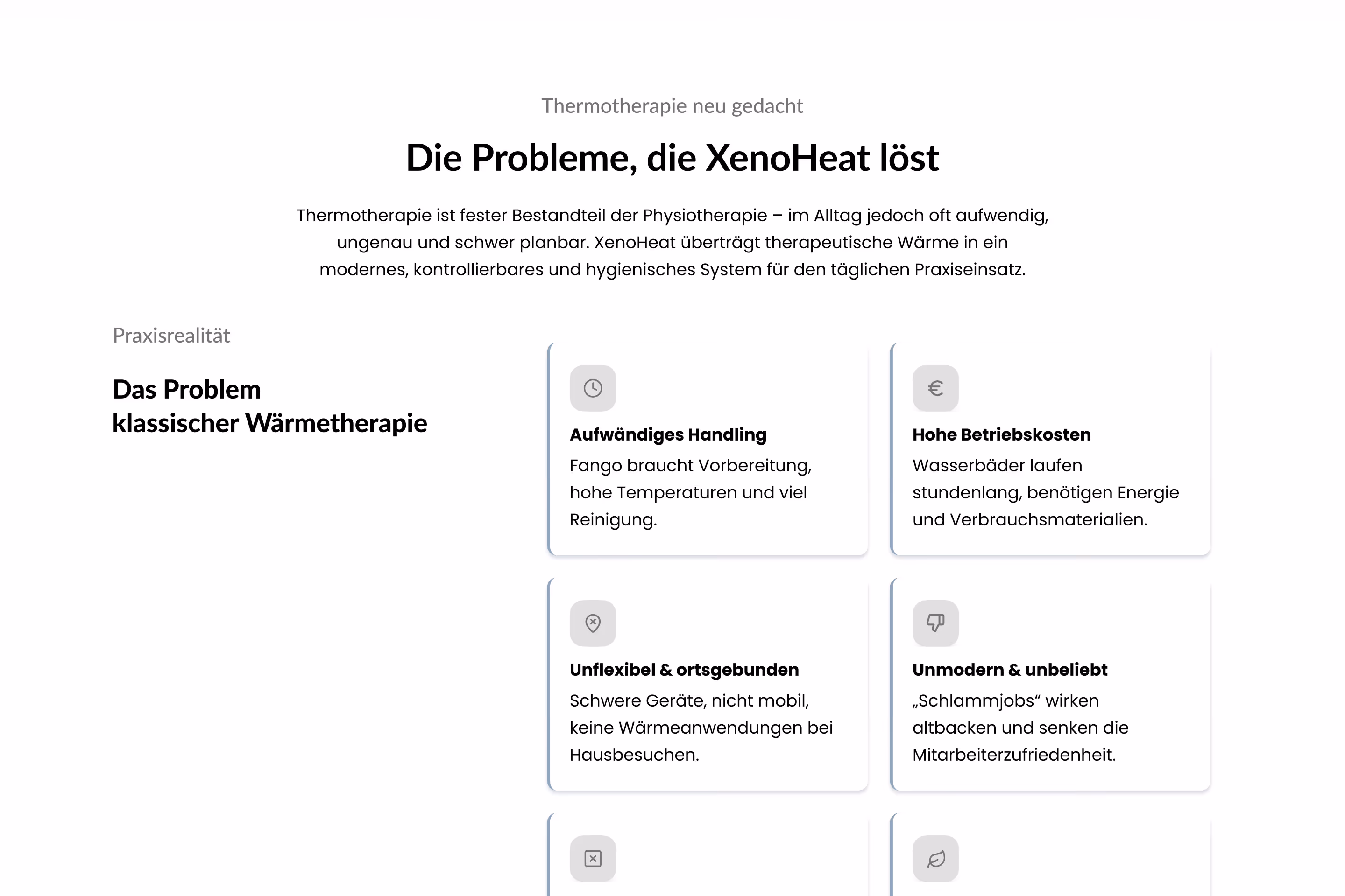  XenoHeat pain points section — problem cards highlighting complex handling, high operating costs, inflexibility, and outdated perception of traditional heat therapy