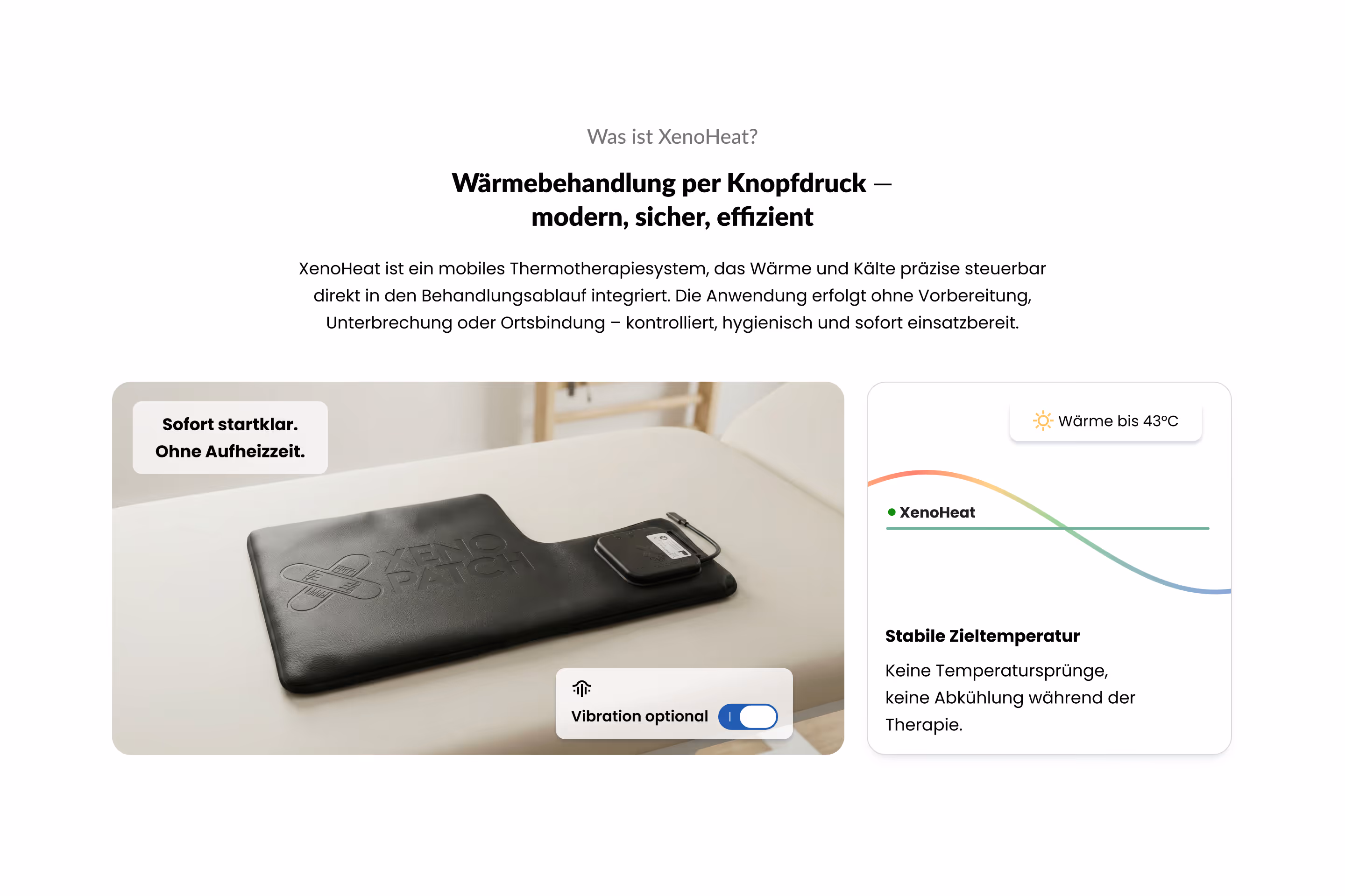 XenoHeat product overview — device on treatment surface with stable temperature chart, instant start and optional vibration highlights