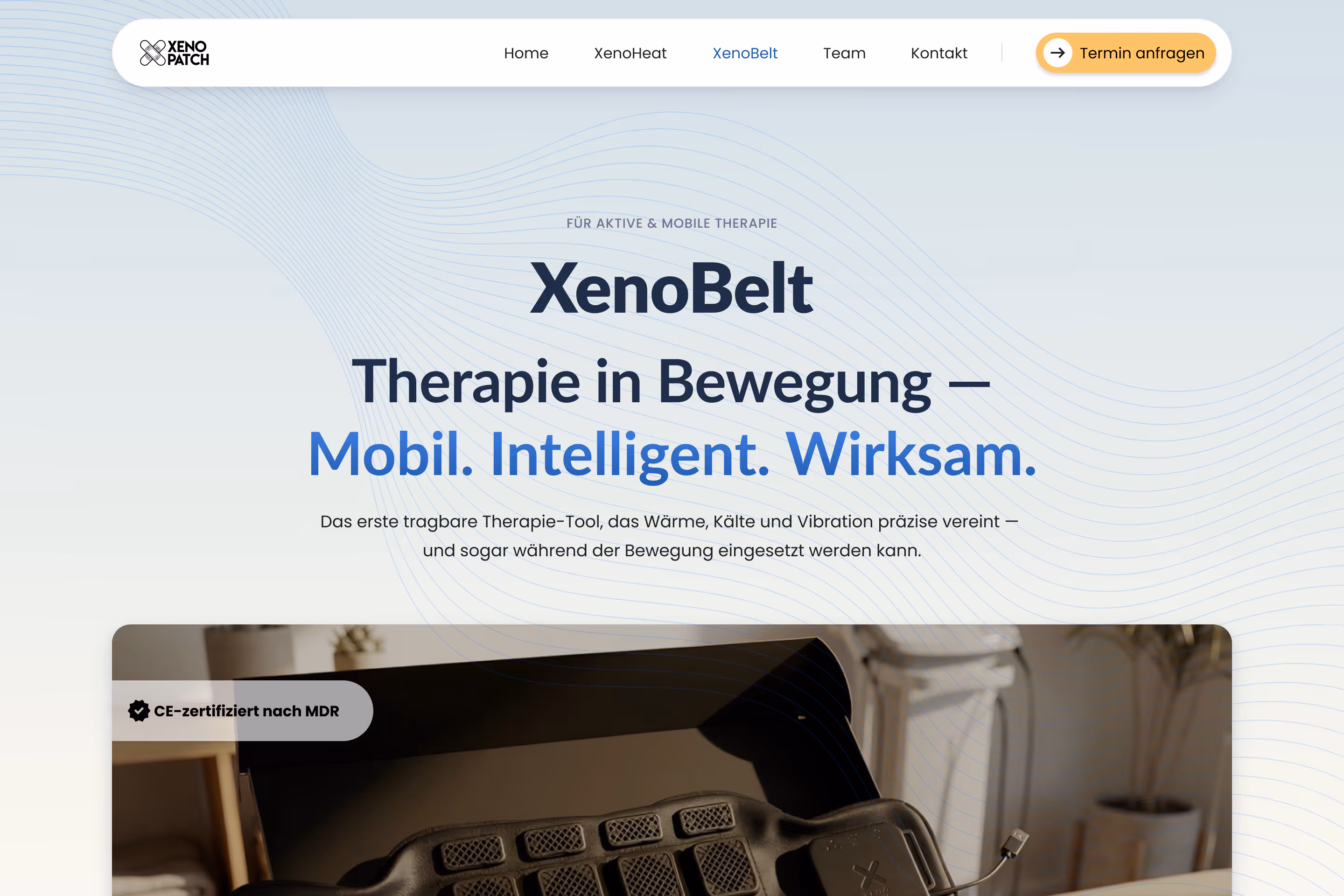 XenoBelt product page hero — CE-certified wearable thermotherapy device for mobile and active therapy use